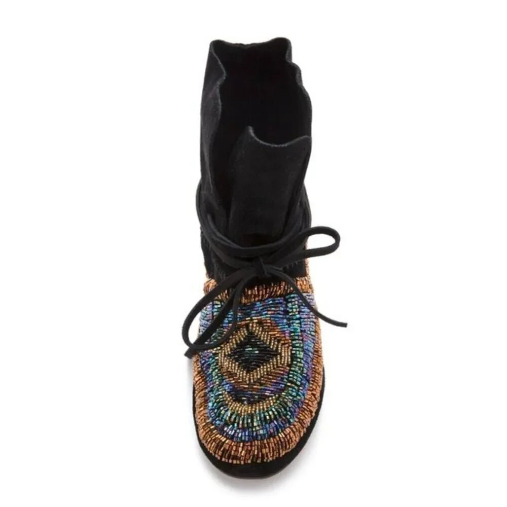 House of Harlow 1960 Beaded Suede Lace-Up Moccasin Boots Black Gold Boho Festiva